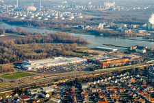 Oblique view of Retail park with Marktkauf and Globus hardware store in the Maximilian Center in the district Maximiliansau in Wörth am Rhein in the state Rhineland-Palatinate, Germany
