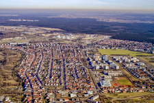 Aerial photograpy of District from the south in the district Neureut in Karlsruhe in the state Baden-Wuerttemberg, Germany