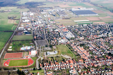 Aerial view of City view from the west in Offenbach an der Queich in the state Rhineland-Palatinate, Germany