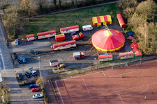 Bird's eye view of Circus Weisheit at the sports field in Kandel in the state Rhineland-Palatinate, Germany