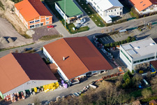 Im Gereut commercial area in Hatzenbühl in the state Rhineland-Palatinate, Germany from the drone perspective