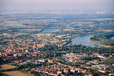 Aerial photograpy of Town on the banks of the river of the Rhine river in Speyer in the state Rhineland-Palatinate, Germany