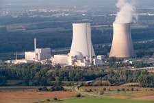 Nuclear power plant from the southwest in Philippsburg in the state Baden-Wuerttemberg, Germany from above