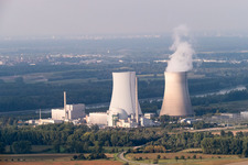 Nuclear power plant from the southwest in Philippsburg in the state Baden-Wuerttemberg, Germany out of the air