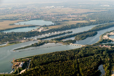 Aerial view of Lock near Gambsheim in the district Freistett in Rheinau in the state Baden-Wuerttemberg, Germany