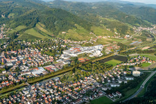 Aerial view of Building and production halls on the premises of Papierfabrik August Koehler SE in Oberkirch in the state Baden-Wurttemberg, Germany