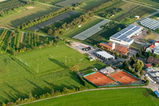 Aerial view of Tennis courts of TC Nußbach eV and football training ground of SV Nussbach in the district Nußbach in Oberkirch in the state Baden-Wuerttemberg, Germany