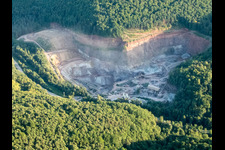 Aerial view of Site and Terrain of overburden surfaces Cement opencast mining of Heidelberger Beton GmbH - Region Sued-West in Waldhambach in the state Rhineland-Palatinate, Germany