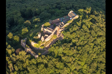 Aerial view of Madenburg castle ruins from the west in Eschbach in the state Rhineland-Palatinate, Germany