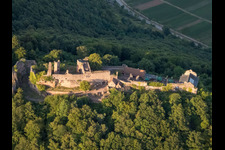 Madenburg castle ruins from the west in Eschbach in the state Rhineland-Palatinate, Germany out of the air