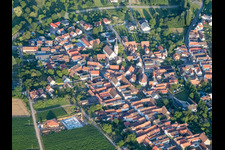 Main Street from the west and Laurentius Garden in Göcklingen in the state Rhineland-Palatinate, Germany