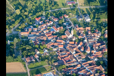 Aerial view of Main Street from the west and Laurentius Garden in Göcklingen in the state Rhineland-Palatinate, Germany